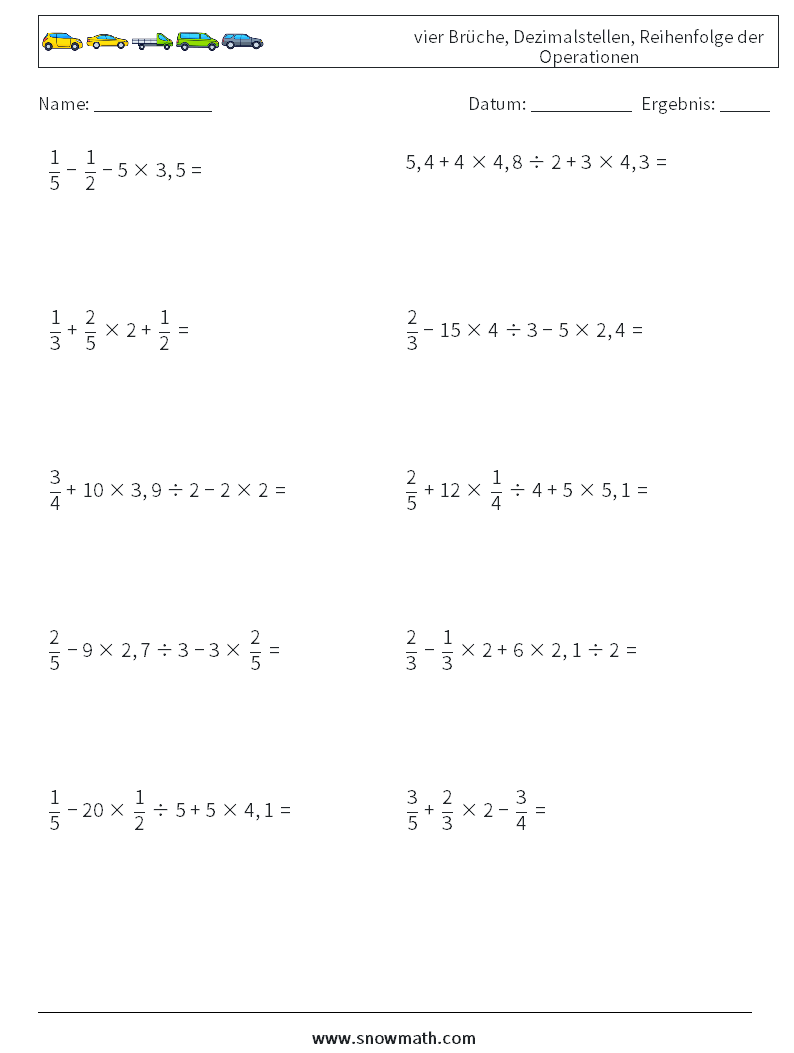 (10) vier Brüche, Dezimalstellen, Reihenfolge der Operationen Mathe-Arbeitsblätter 13