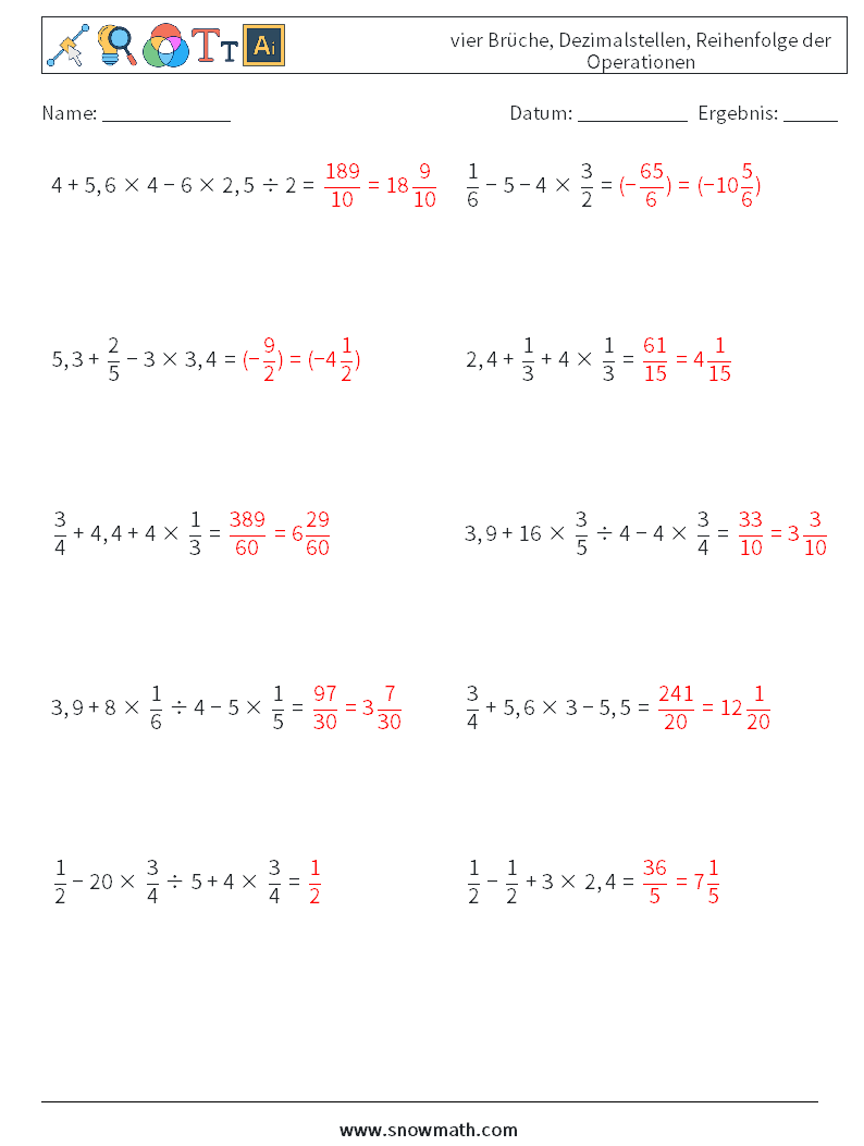 (10) vier Brüche, Dezimalstellen, Reihenfolge der Operationen Mathe-Arbeitsblätter 14 Frage, Antwort