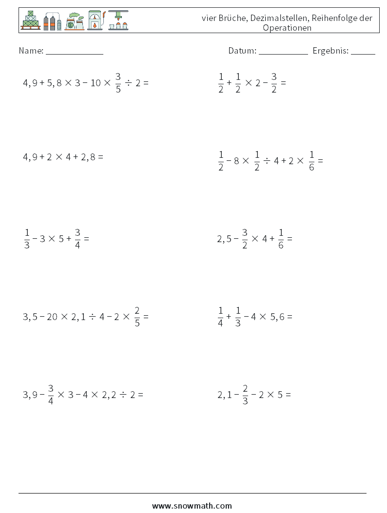 (10) vier Brüche, Dezimalstellen, Reihenfolge der Operationen Mathe-Arbeitsblätter 15