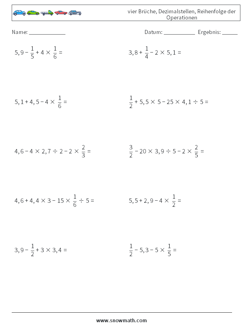 (10) vier Brüche, Dezimalstellen, Reihenfolge der Operationen Mathe-Arbeitsblätter 16