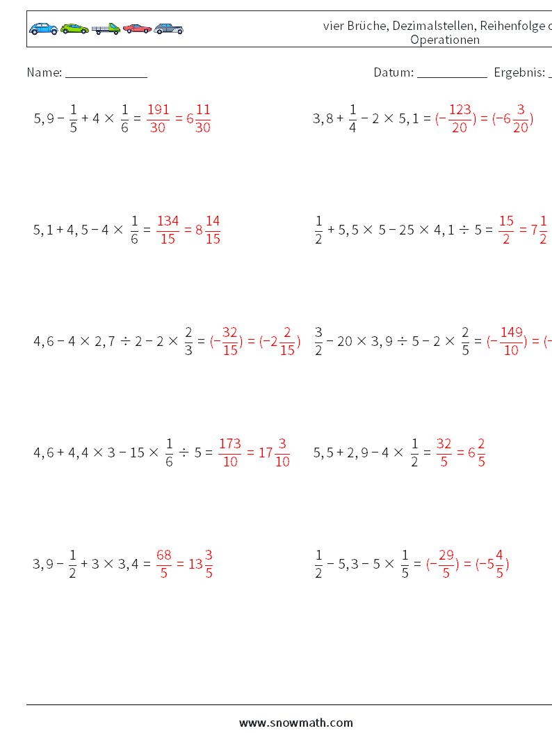 (10) vier Brüche, Dezimalstellen, Reihenfolge der Operationen Mathe-Arbeitsblätter 16 Frage, Antwort