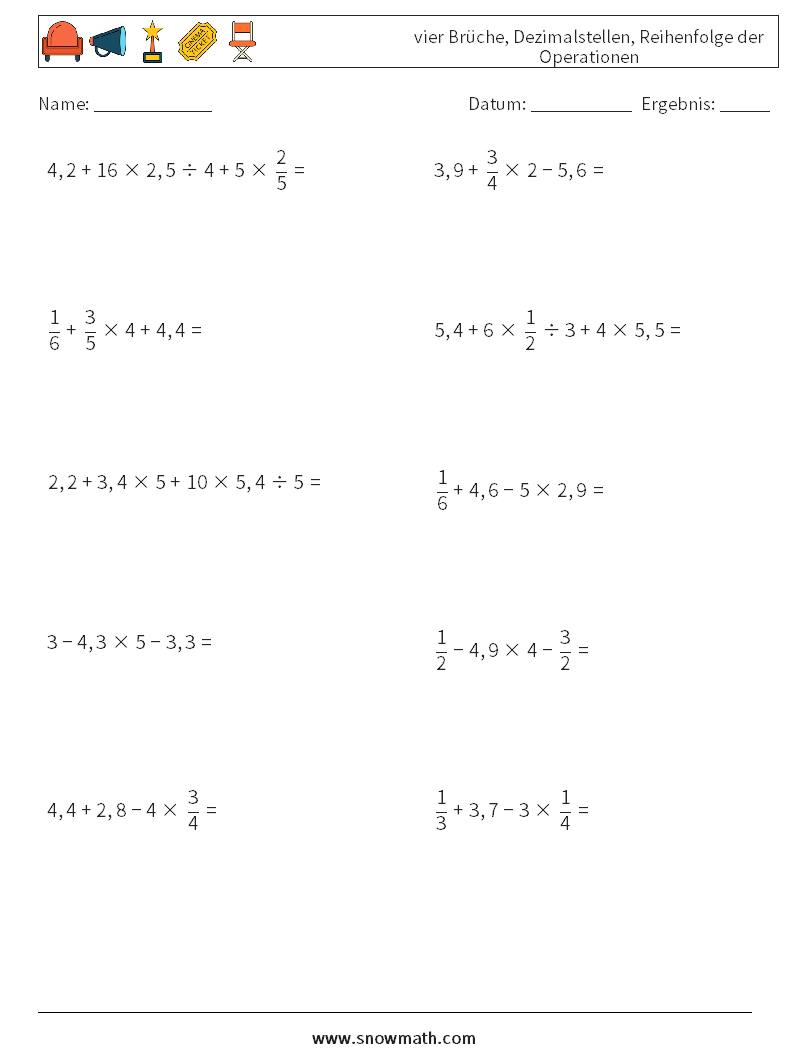 (10) vier Brüche, Dezimalstellen, Reihenfolge der Operationen Mathe-Arbeitsblätter 17