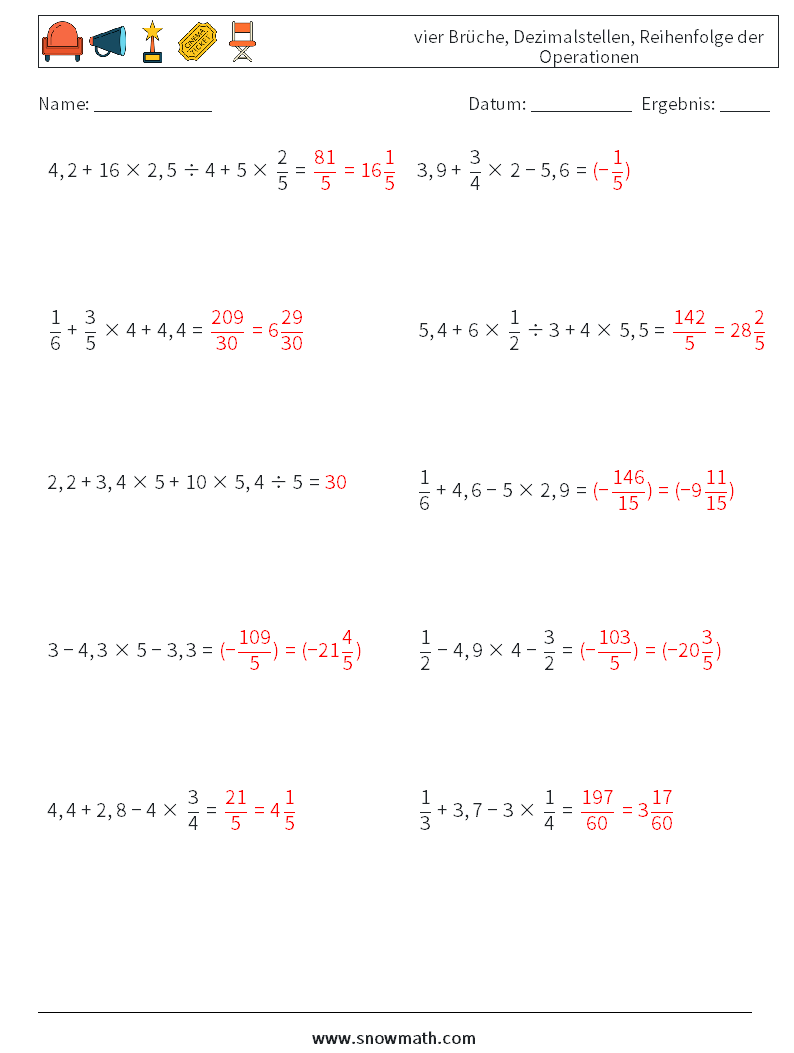 (10) vier Brüche, Dezimalstellen, Reihenfolge der Operationen Mathe-Arbeitsblätter 17 Frage, Antwort