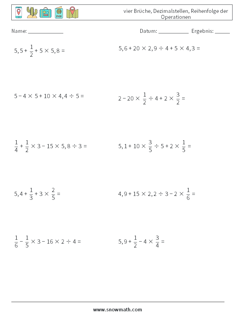 (10) vier Brüche, Dezimalstellen, Reihenfolge der Operationen Mathe-Arbeitsblätter 18