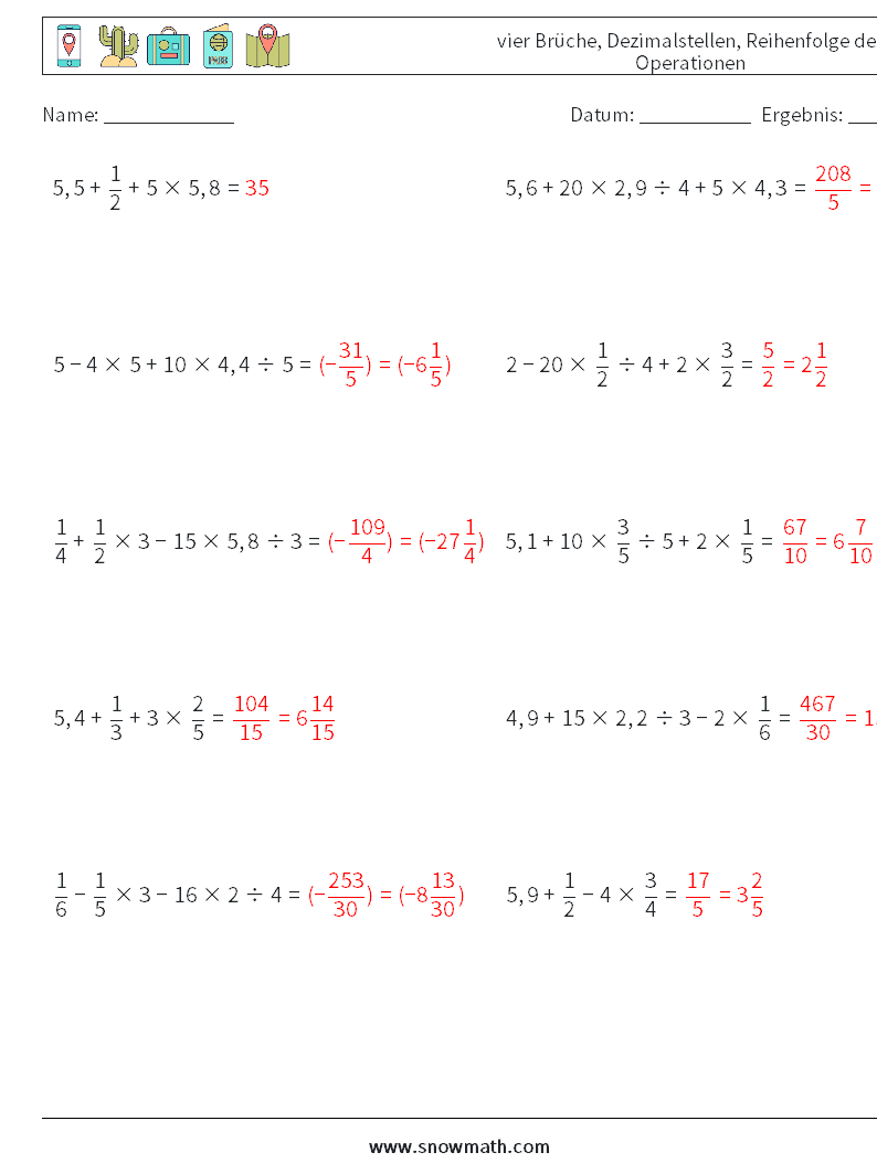 (10) vier Brüche, Dezimalstellen, Reihenfolge der Operationen Mathe-Arbeitsblätter 18 Frage, Antwort