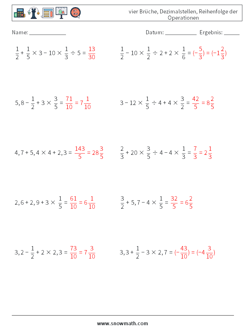 (10) vier Brüche, Dezimalstellen, Reihenfolge der Operationen Mathe-Arbeitsblätter 1 Frage, Antwort