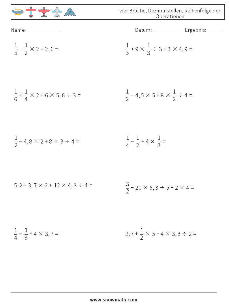 (10) vier Brüche, Dezimalstellen, Reihenfolge der Operationen Mathe-Arbeitsblätter 2