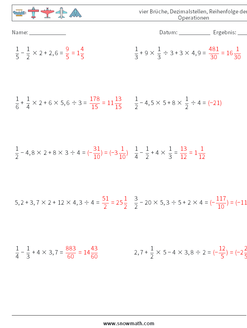 (10) vier Brüche, Dezimalstellen, Reihenfolge der Operationen Mathe-Arbeitsblätter 2 Frage, Antwort