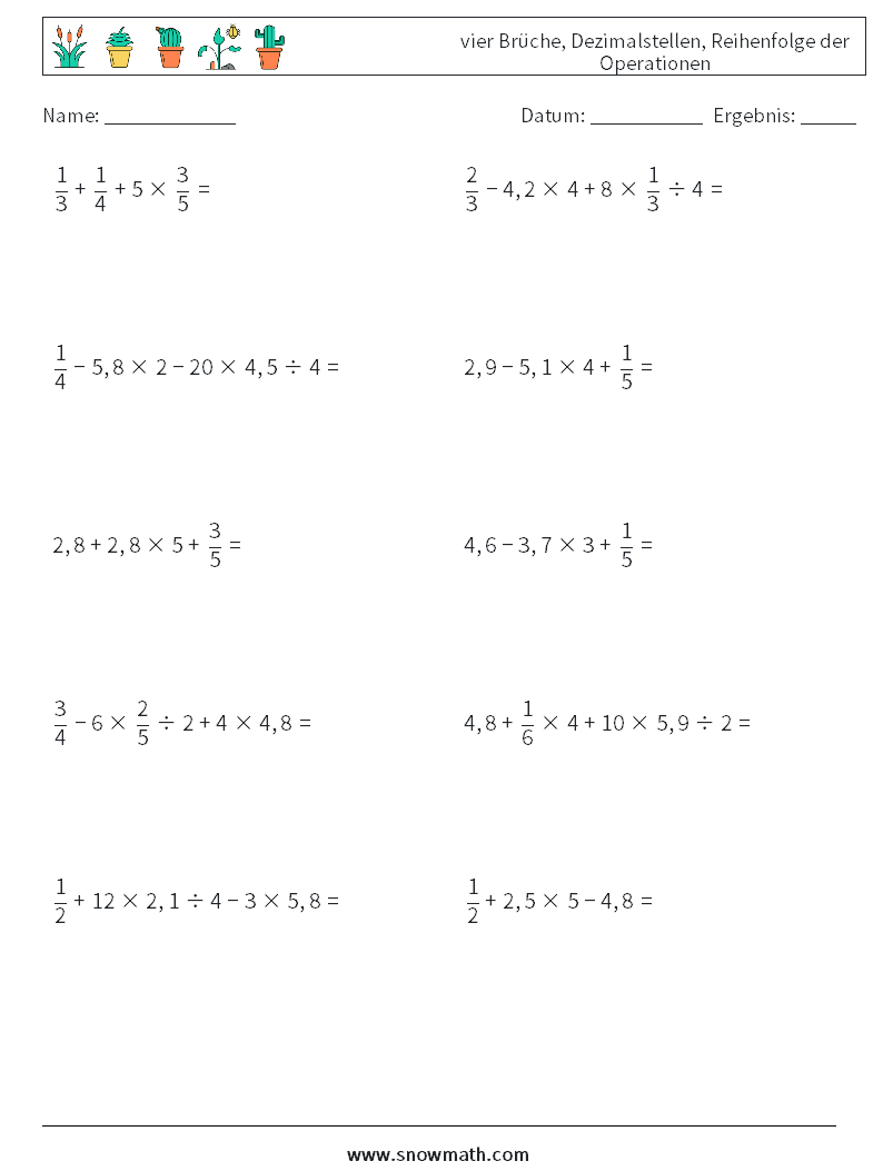 (10) vier Brüche, Dezimalstellen, Reihenfolge der Operationen Mathe-Arbeitsblätter 3