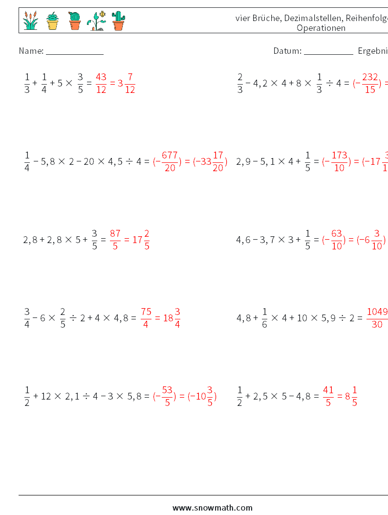 (10) vier Brüche, Dezimalstellen, Reihenfolge der Operationen Mathe-Arbeitsblätter 3 Frage, Antwort