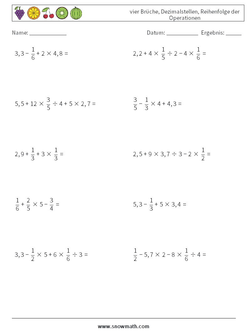 (10) vier Brüche, Dezimalstellen, Reihenfolge der Operationen Mathe-Arbeitsblätter 4