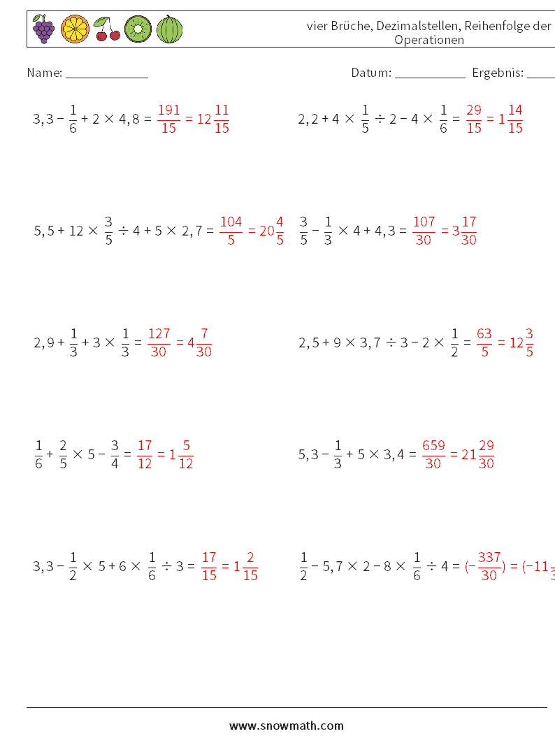 (10) vier Brüche, Dezimalstellen, Reihenfolge der Operationen Mathe-Arbeitsblätter 4 Frage, Antwort