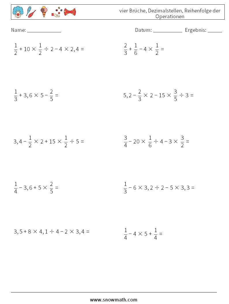 (10) vier Brüche, Dezimalstellen, Reihenfolge der Operationen Mathe-Arbeitsblätter 5