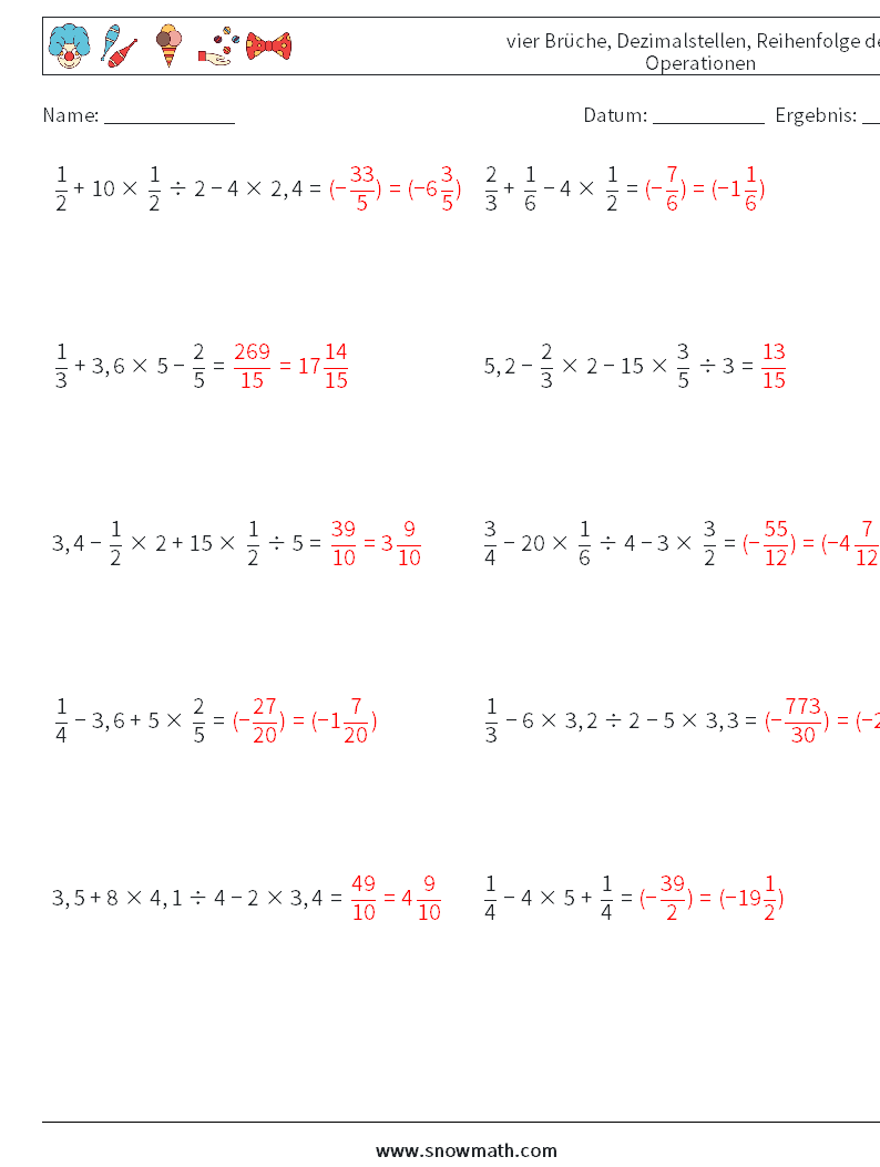 (10) vier Brüche, Dezimalstellen, Reihenfolge der Operationen Mathe-Arbeitsblätter 5 Frage, Antwort