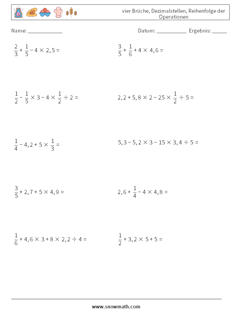 (10) vier Brüche, Dezimalstellen, Reihenfolge der Operationen Mathe-Arbeitsblätter 6