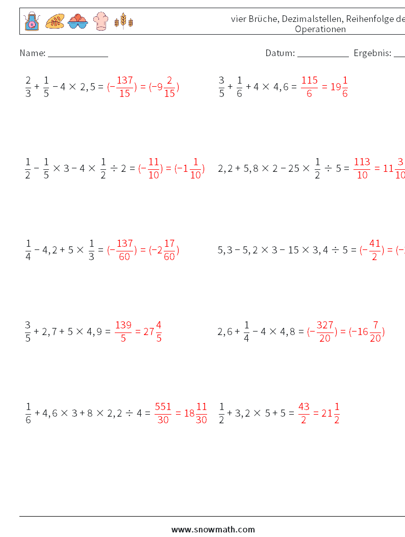 (10) vier Brüche, Dezimalstellen, Reihenfolge der Operationen Mathe-Arbeitsblätter 6 Frage, Antwort