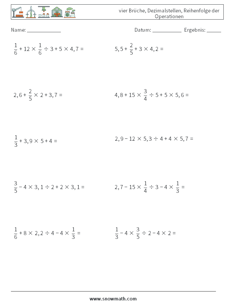 (10) vier Brüche, Dezimalstellen, Reihenfolge der Operationen Mathe-Arbeitsblätter 7