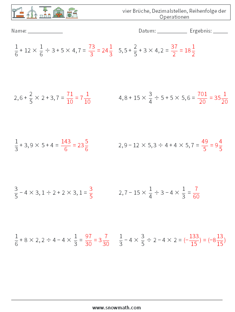 (10) vier Brüche, Dezimalstellen, Reihenfolge der Operationen Mathe-Arbeitsblätter 7 Frage, Antwort