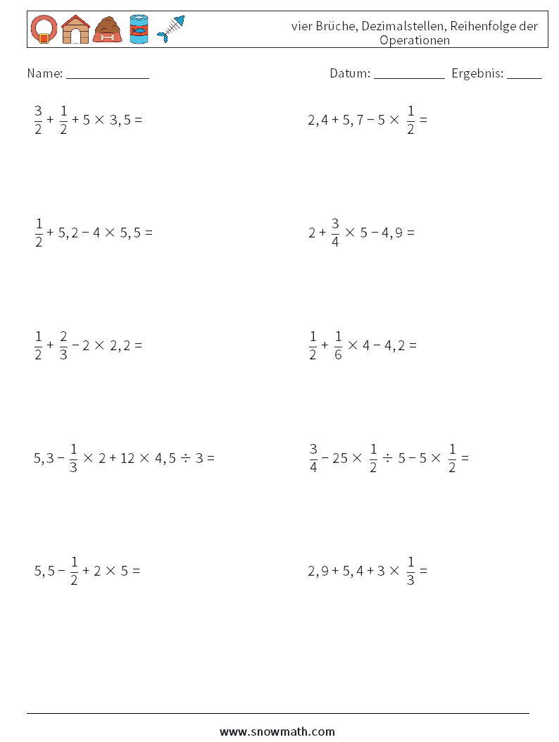 (10) vier Brüche, Dezimalstellen, Reihenfolge der Operationen Mathe-Arbeitsblätter 8