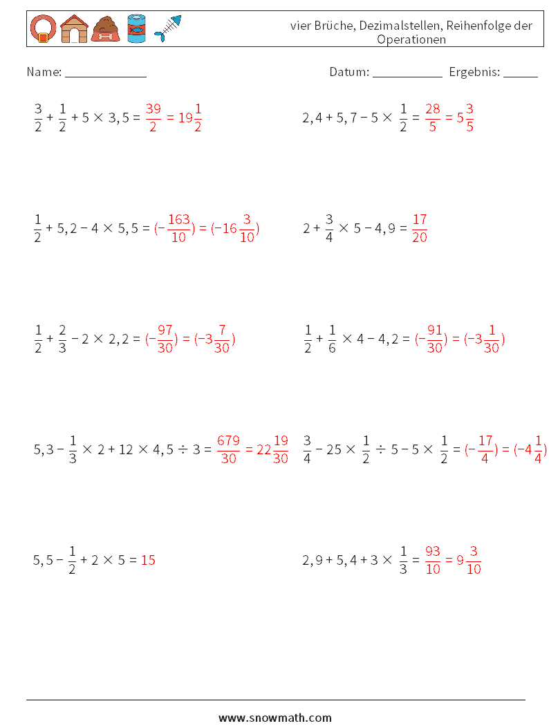 (10) vier Brüche, Dezimalstellen, Reihenfolge der Operationen Mathe-Arbeitsblätter 8 Frage, Antwort