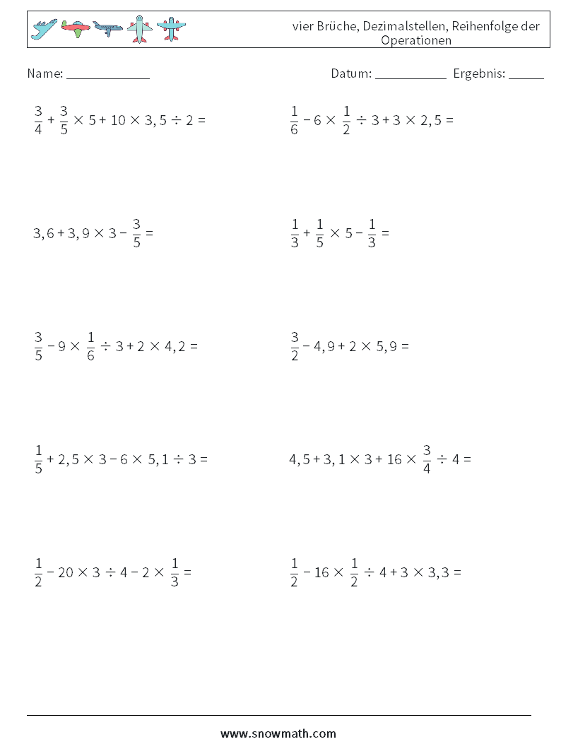 (10) vier Brüche, Dezimalstellen, Reihenfolge der Operationen Mathe-Arbeitsblätter 9