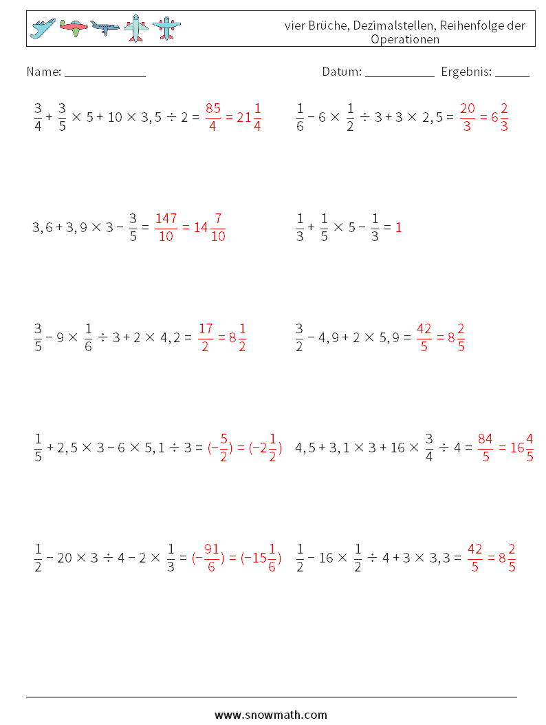 (10) vier Brüche, Dezimalstellen, Reihenfolge der Operationen Mathe-Arbeitsblätter 9 Frage, Antwort