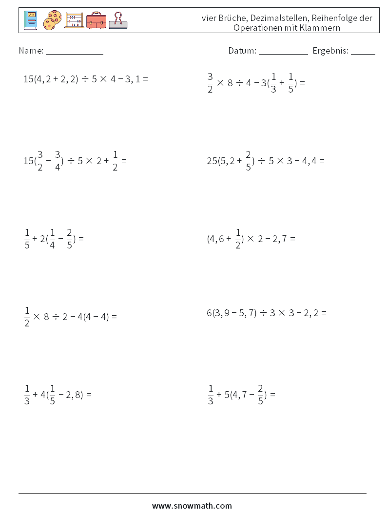 (10) vier Brüche, Dezimalstellen, Reihenfolge der Operationen mit Klammern Mathe-Arbeitsblätter 1