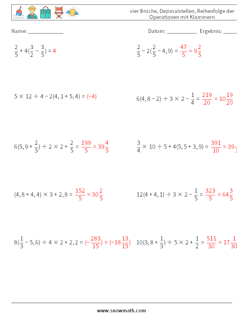 (10) vier Brüche, Dezimalstellen, Reihenfolge der Operationen mit Klammern Mathe-Arbeitsblätter 10 Frage, Antwort