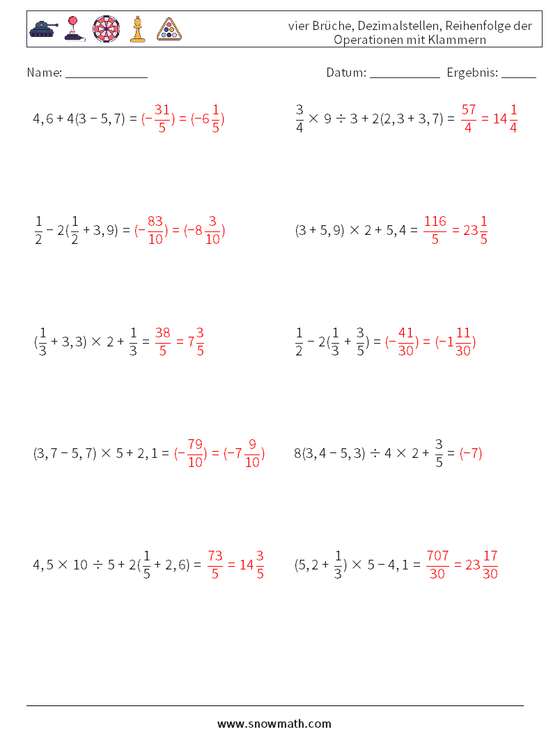 (10) vier Brüche, Dezimalstellen, Reihenfolge der Operationen mit Klammern Mathe-Arbeitsblätter 12 Frage, Antwort