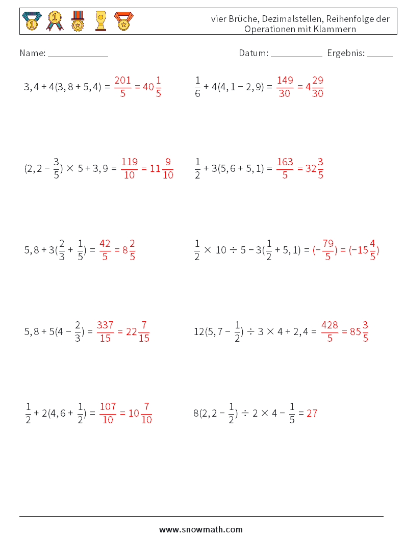 (10) vier Brüche, Dezimalstellen, Reihenfolge der Operationen mit Klammern Mathe-Arbeitsblätter 13 Frage, Antwort