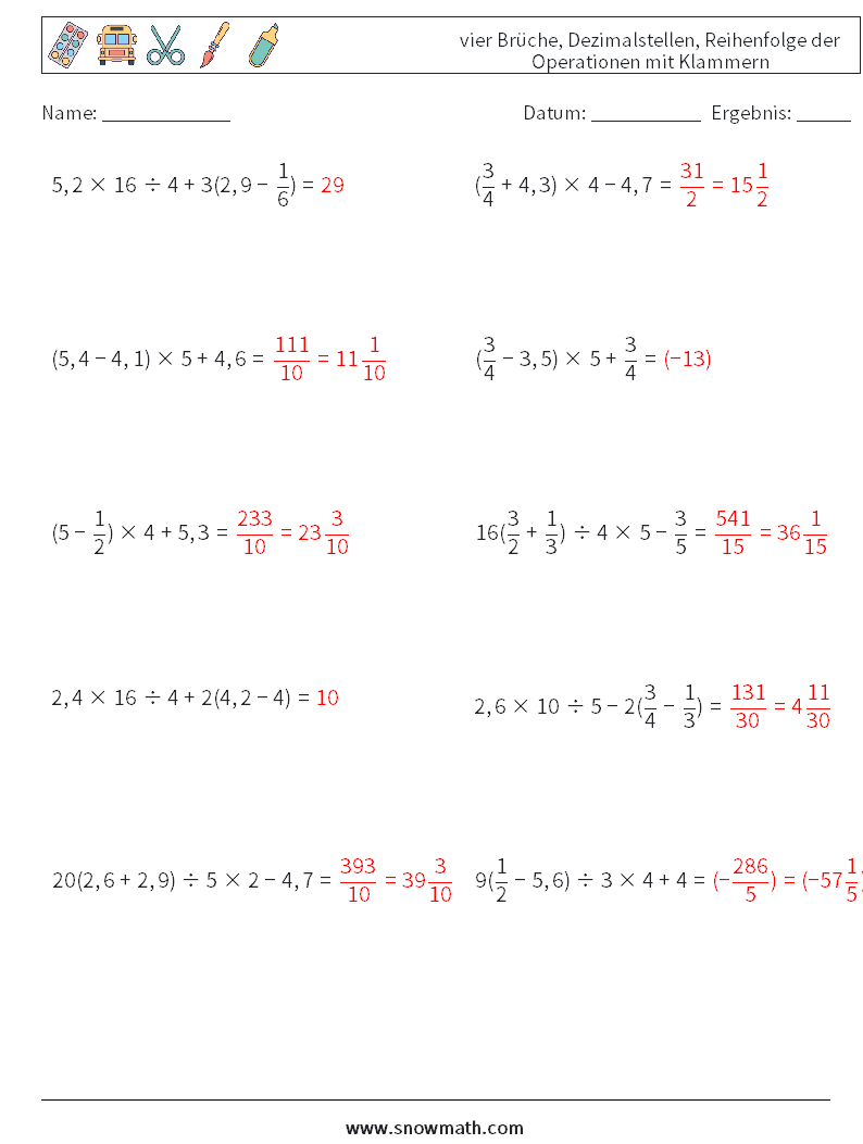 (10) vier Brüche, Dezimalstellen, Reihenfolge der Operationen mit Klammern Mathe-Arbeitsblätter 14 Frage, Antwort