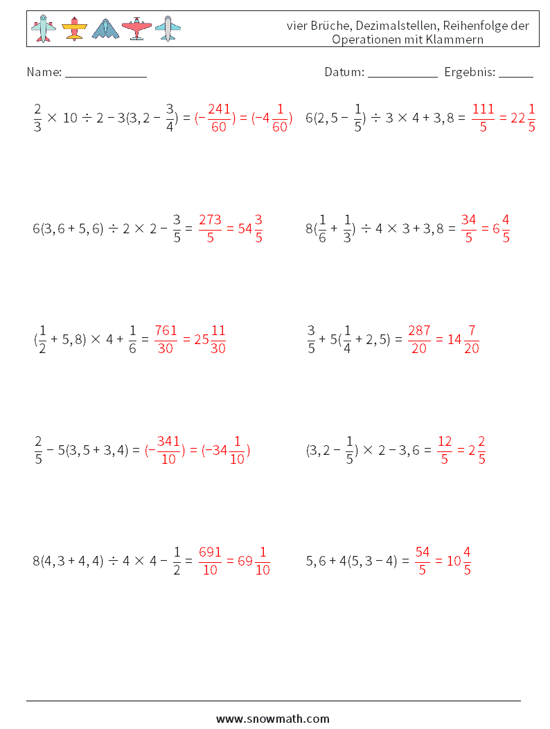 (10) vier Brüche, Dezimalstellen, Reihenfolge der Operationen mit Klammern Mathe-Arbeitsblätter 16 Frage, Antwort