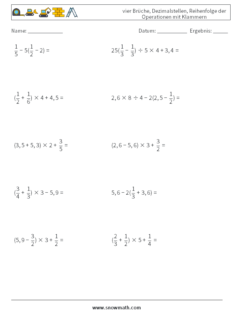 (10) vier Brüche, Dezimalstellen, Reihenfolge der Operationen mit Klammern Mathe-Arbeitsblätter 18