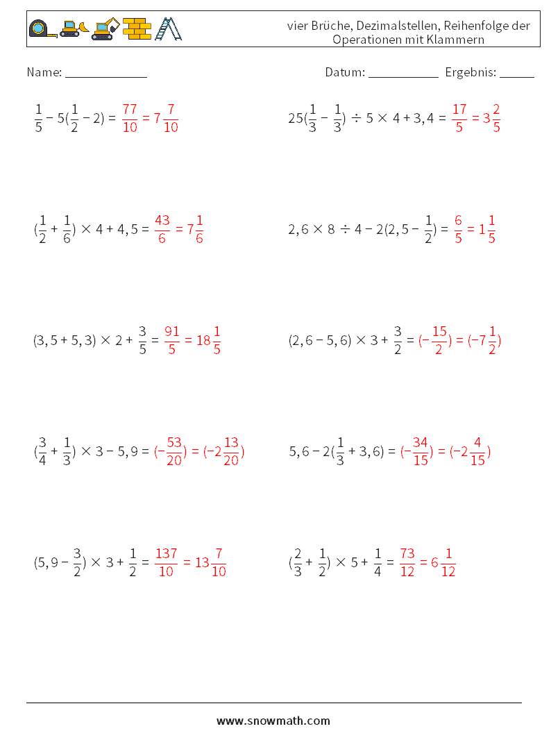 (10) vier Brüche, Dezimalstellen, Reihenfolge der Operationen mit Klammern Mathe-Arbeitsblätter 18 Frage, Antwort