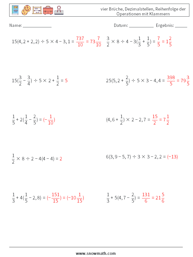 (10) vier Brüche, Dezimalstellen, Reihenfolge der Operationen mit Klammern Mathe-Arbeitsblätter 1 Frage, Antwort