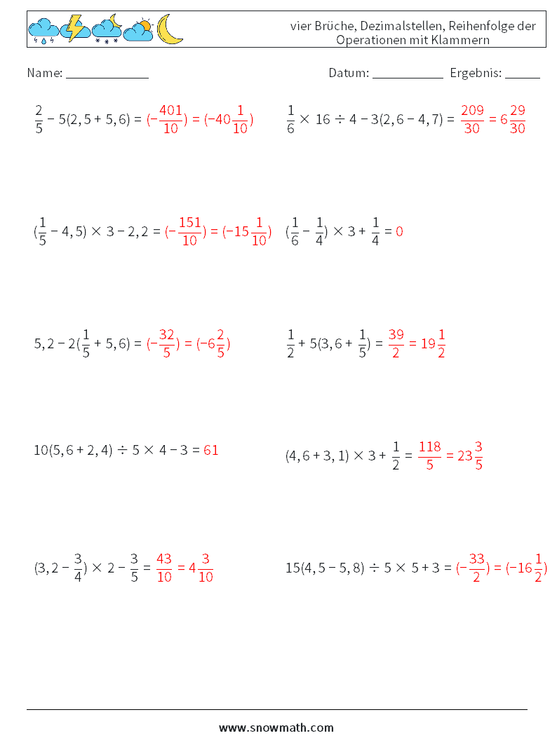 (10) vier Brüche, Dezimalstellen, Reihenfolge der Operationen mit Klammern Mathe-Arbeitsblätter 3 Frage, Antwort