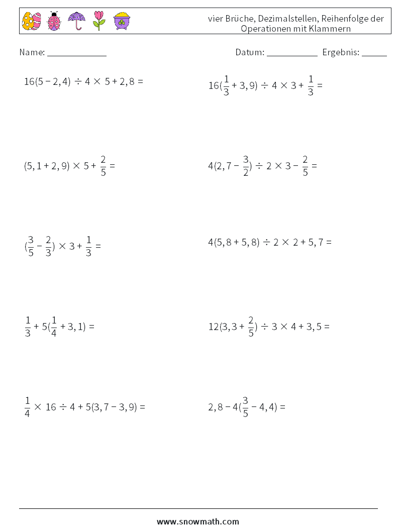 (10) vier Brüche, Dezimalstellen, Reihenfolge der Operationen mit Klammern Mathe-Arbeitsblätter 4