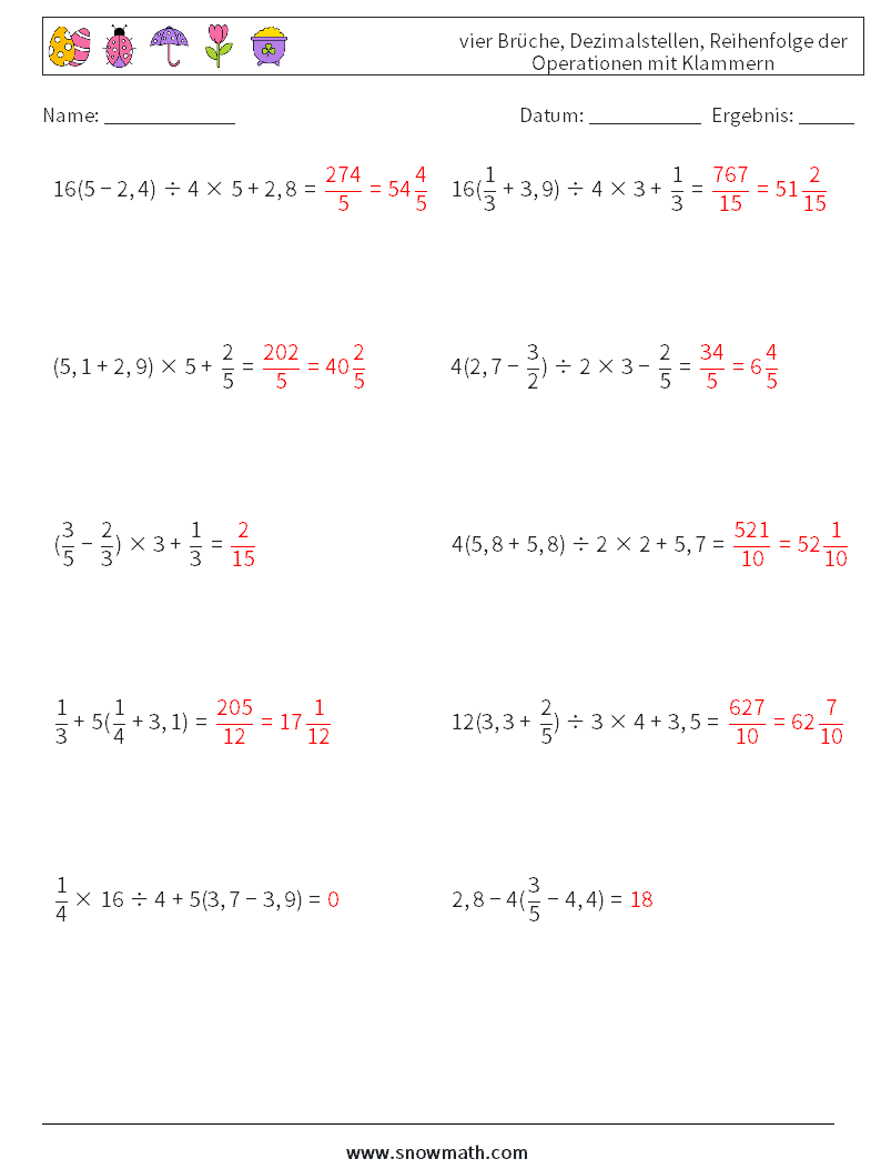 (10) vier Brüche, Dezimalstellen, Reihenfolge der Operationen mit Klammern Mathe-Arbeitsblätter 4 Frage, Antwort