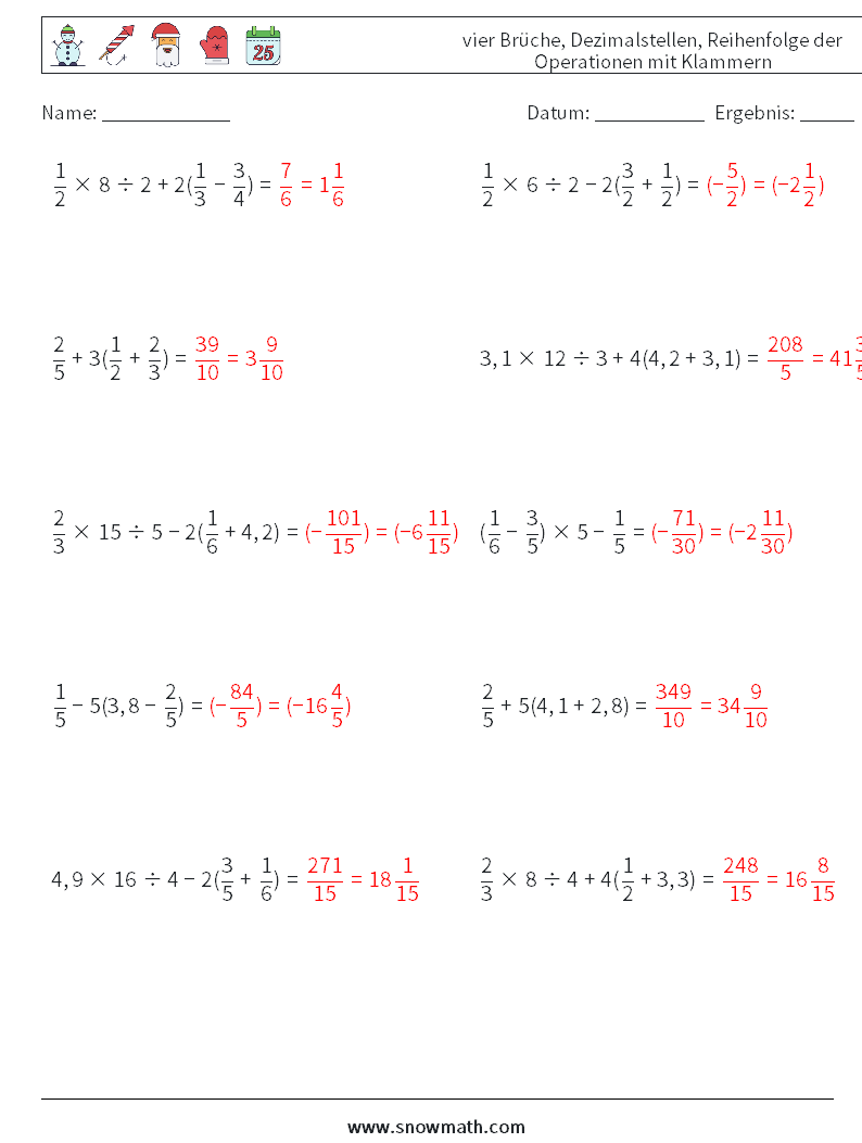 (10) vier Brüche, Dezimalstellen, Reihenfolge der Operationen mit Klammern Mathe-Arbeitsblätter 5 Frage, Antwort