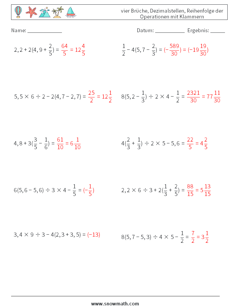 (10) vier Brüche, Dezimalstellen, Reihenfolge der Operationen mit Klammern Mathe-Arbeitsblätter 6 Frage, Antwort