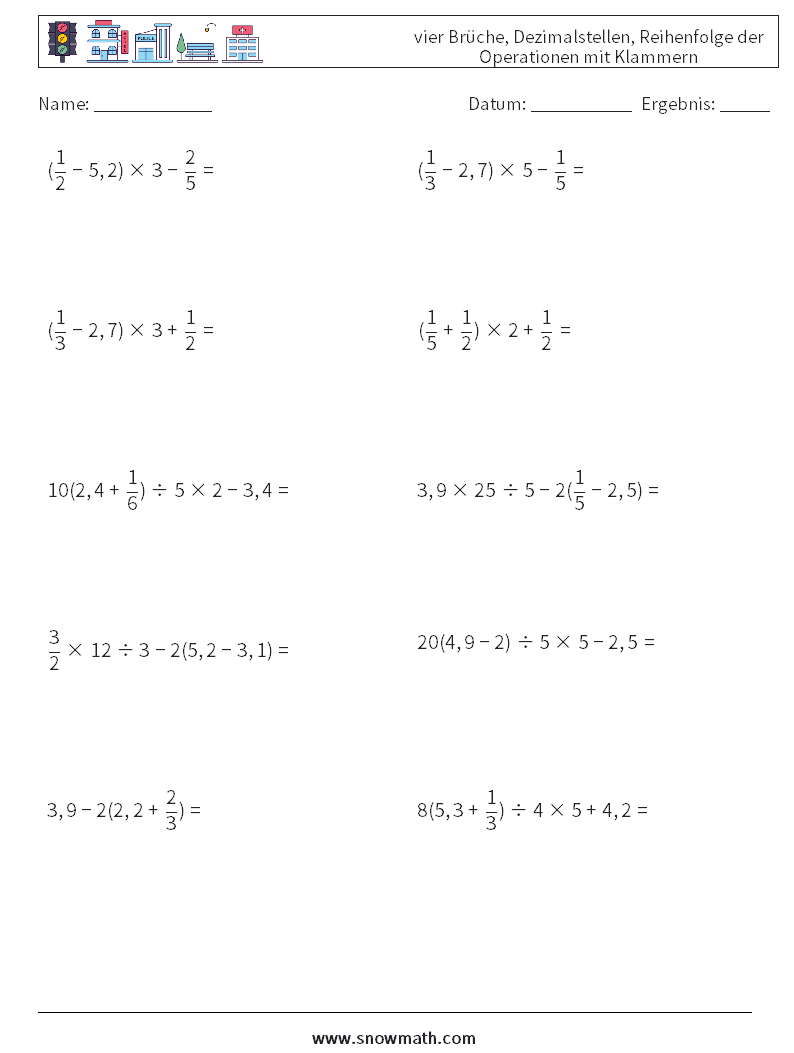 (10) vier Brüche, Dezimalstellen, Reihenfolge der Operationen mit Klammern Mathe-Arbeitsblätter 7