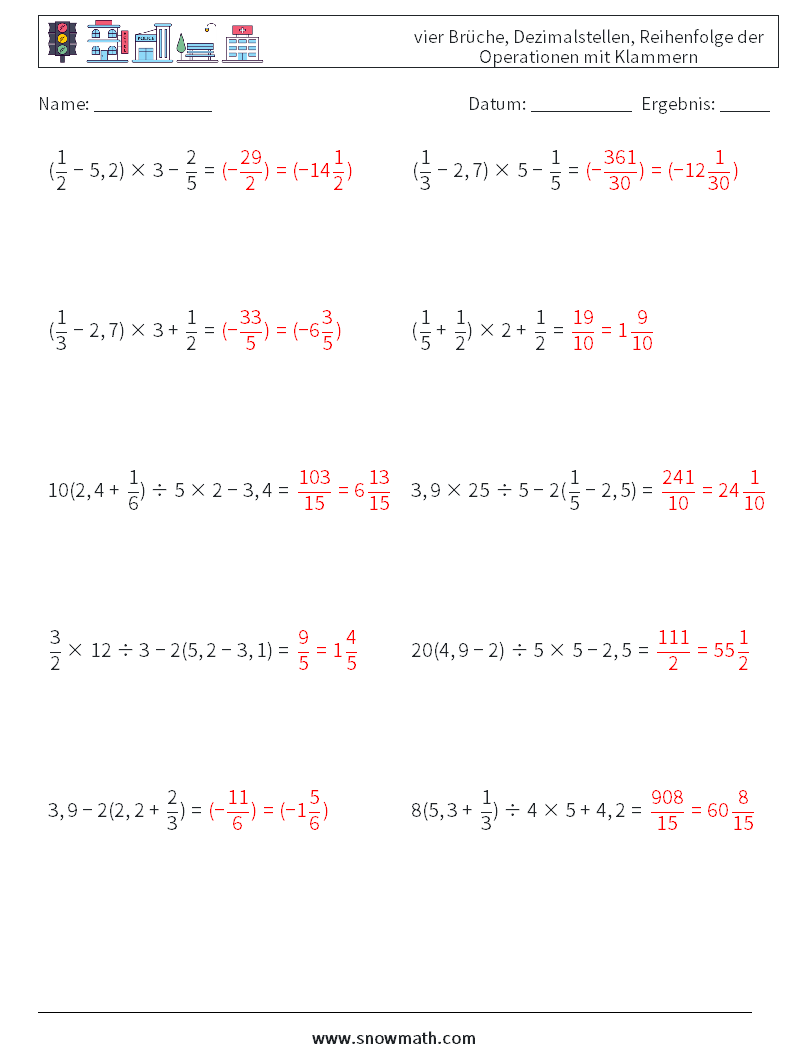 (10) vier Brüche, Dezimalstellen, Reihenfolge der Operationen mit Klammern Mathe-Arbeitsblätter 7 Frage, Antwort