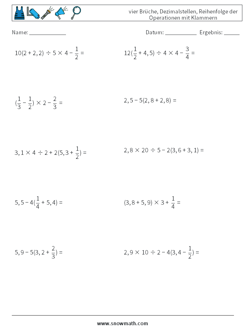 (10) vier Brüche, Dezimalstellen, Reihenfolge der Operationen mit Klammern Mathe-Arbeitsblätter 8