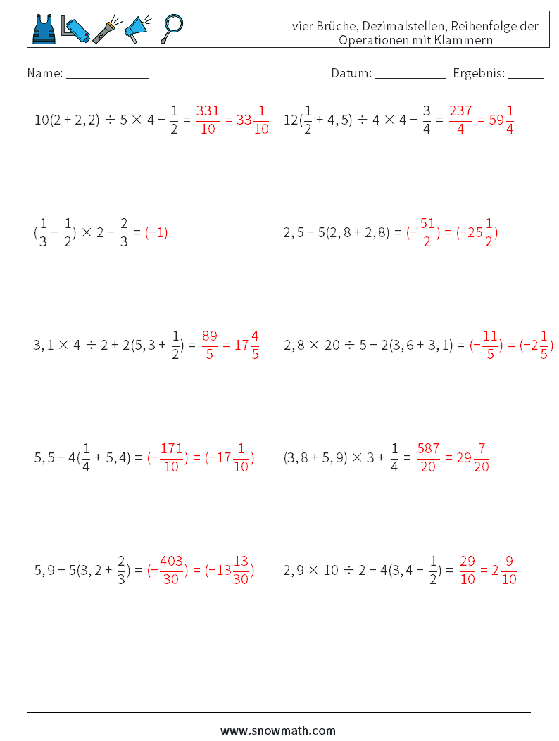 (10) vier Brüche, Dezimalstellen, Reihenfolge der Operationen mit Klammern Mathe-Arbeitsblätter 8 Frage, Antwort