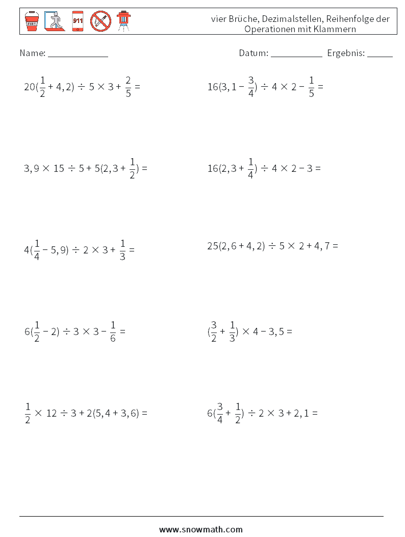 (10) vier Brüche, Dezimalstellen, Reihenfolge der Operationen mit Klammern Mathe-Arbeitsblätter 9