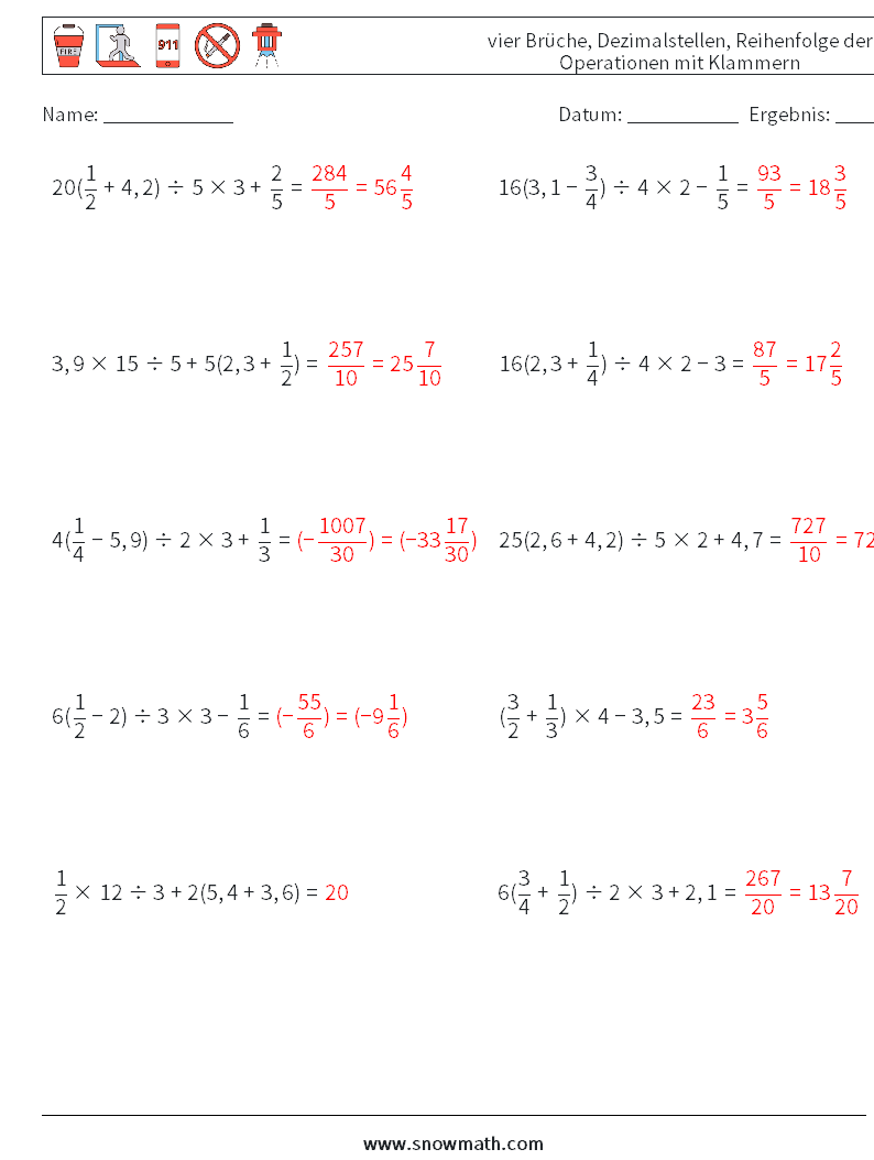 (10) vier Brüche, Dezimalstellen, Reihenfolge der Operationen mit Klammern Mathe-Arbeitsblätter 9 Frage, Antwort