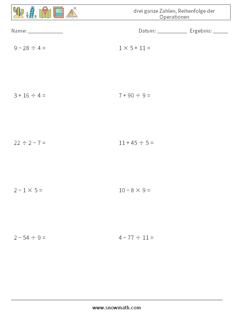 (10) drei ganze Zahlen, Reihenfolge der Operationen Mathe-Arbeitsblätter 1