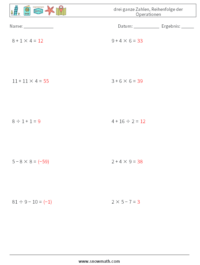 (10) drei ganze Zahlen, Reihenfolge der Operationen Mathe-Arbeitsblätter 17 Frage, Antwort