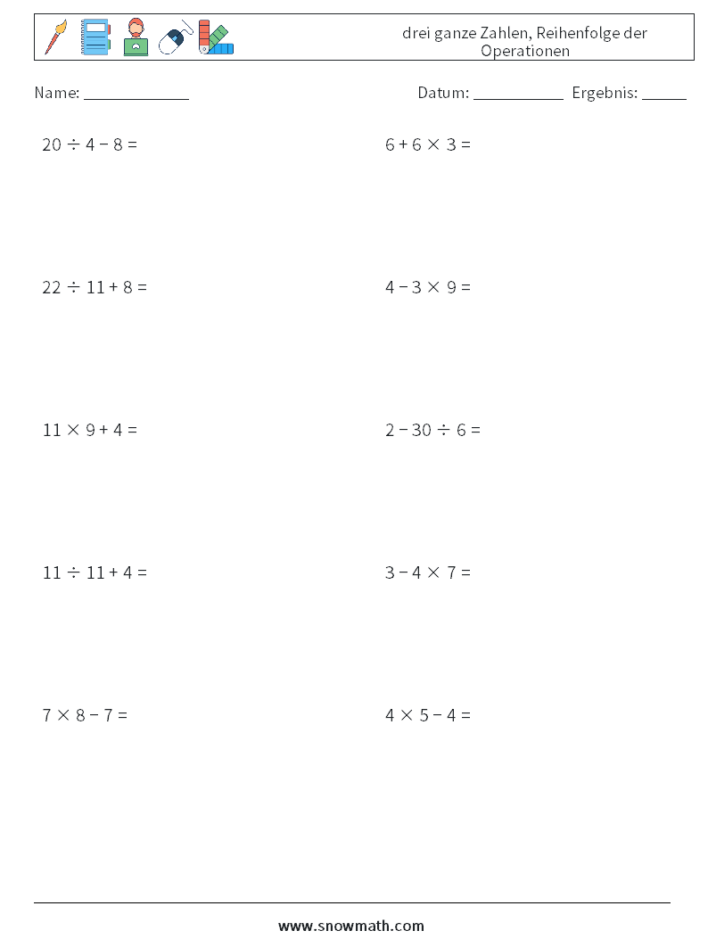 (10) drei ganze Zahlen, Reihenfolge der Operationen Mathe-Arbeitsblätter 8