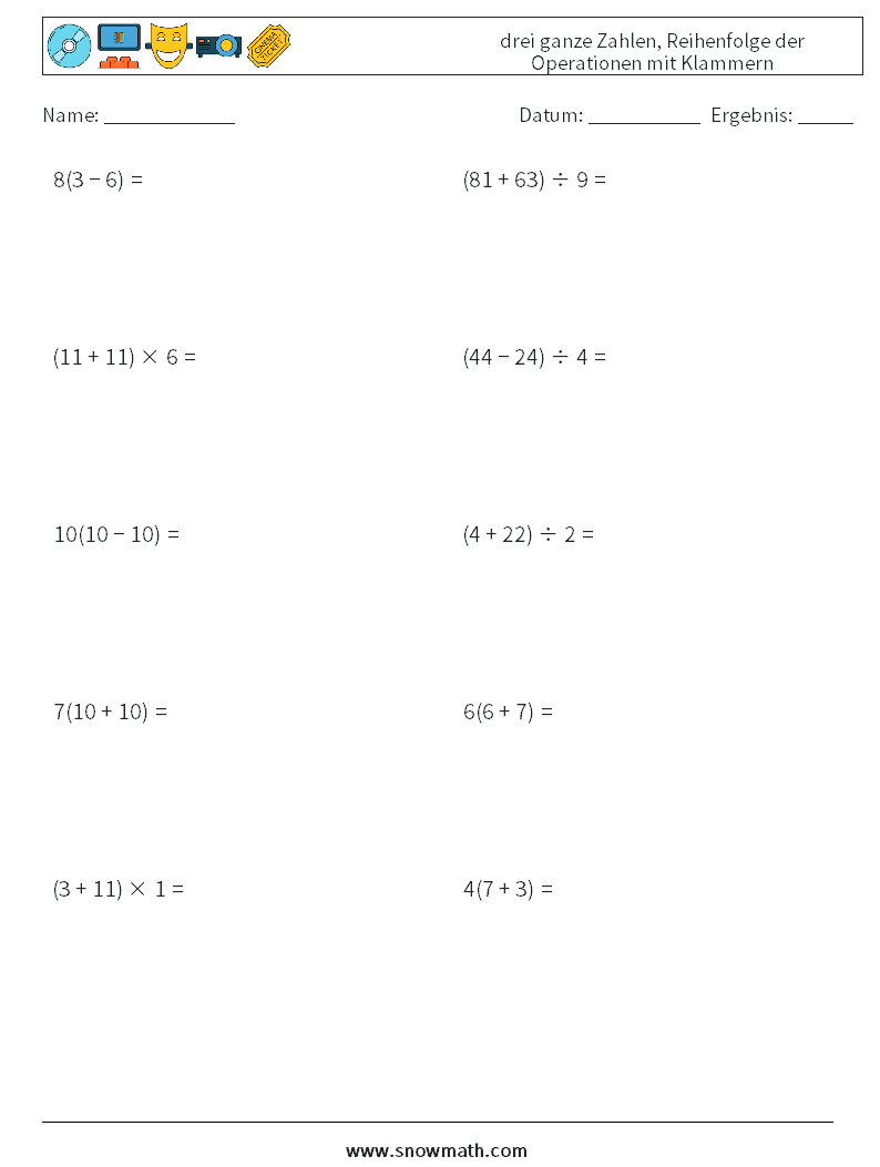 (10) drei ganze Zahlen, Reihenfolge der Operationen mit Klammern Mathe-Arbeitsblätter 1